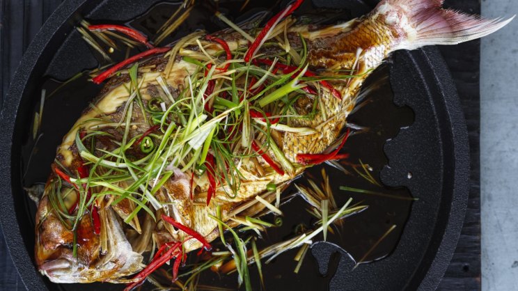 Steamed whole baby snapper in soy and oyster sauce