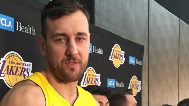 Andrew Bogut made his first appearance in the LA Lakers' iconic purple and gold singlet  at the team's media day.