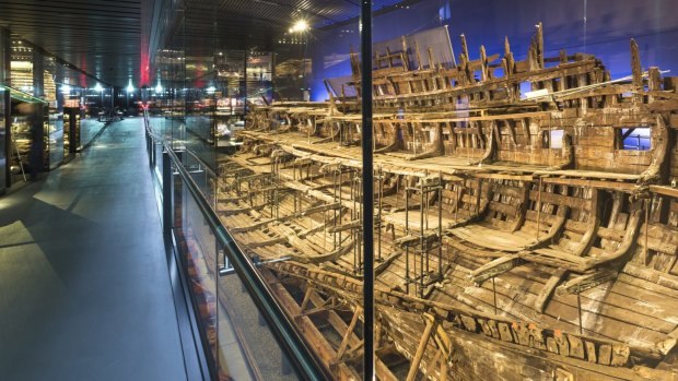 The upper museum gallery looking onto the Mary Rose. 