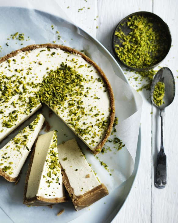 Adam Liaw's honey and cardamom cheesecake with crushed pistachios.