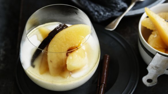 Vanilla and buttermilk panna cotta with poached quinces.