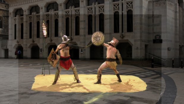 Roman gladiators fight in Guildhall Yard in one of London's history apps.