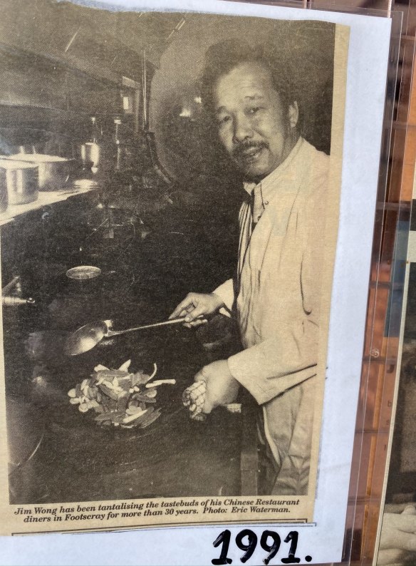 Jimmy in 1991. The caption reads: "Jim Wong has been tantalising the tastebuds of his Chinese Restaurant diners in Footscray for more than 30 years."