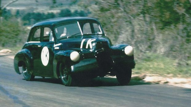 Leo Geoghegan in his first racing car, an early Holden, at Bathurst circa 1958.