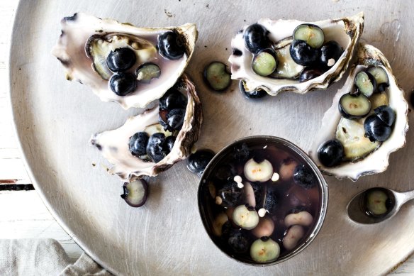 Three Blue Ducks' oysters and pickled blueberries.