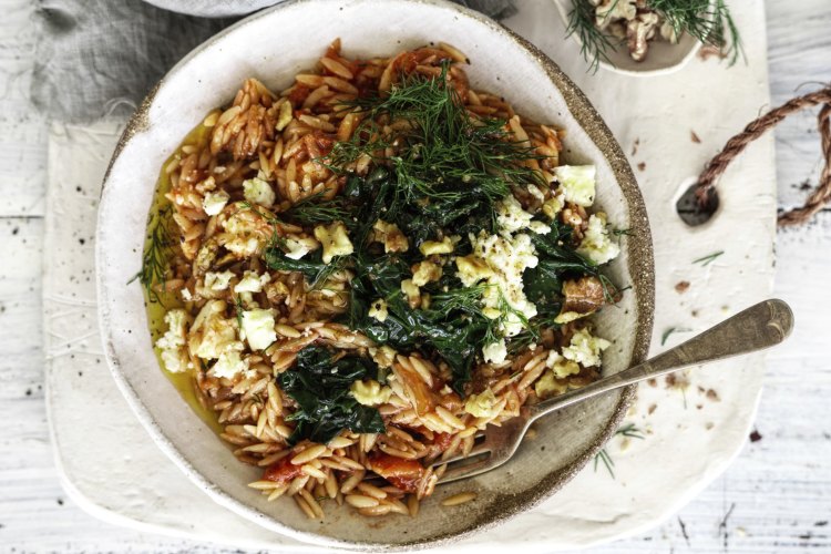 
Jill Dupleix's Tomato risoni with feta, walnuts and honey.
