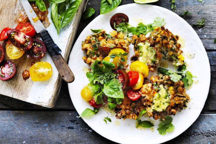 Neil Perry's corn fritters with jalapeno butter and heirloom tomato salsa recipe.