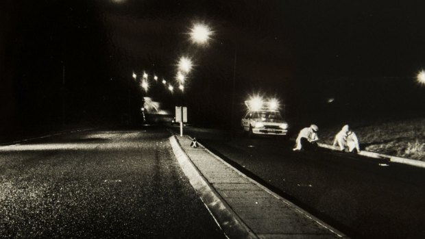 Investigators at the scene of where Troy Forsyth, 17, was killed in a hit-and-run in Deakin on March 1, 1987.