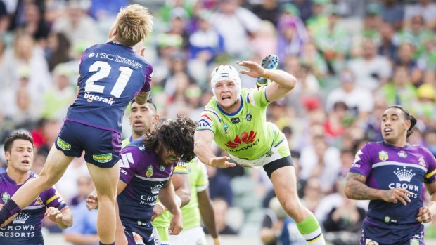 Captain Jarrod Croker of the Canberra Raiders gets airborne against Melbourne last year. 