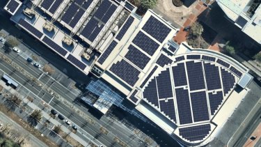 The Canberra Convention Centre covered in solar panels. 