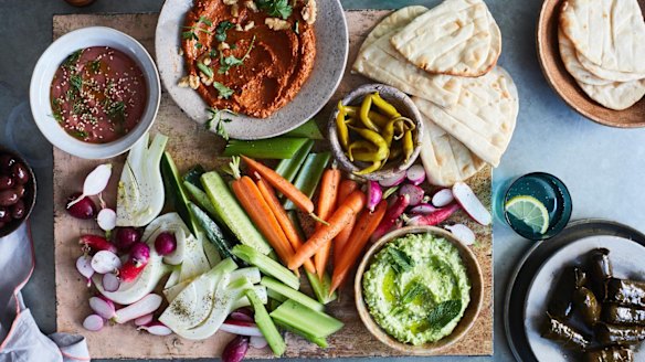 A colourful selection of vegan dips and veg.