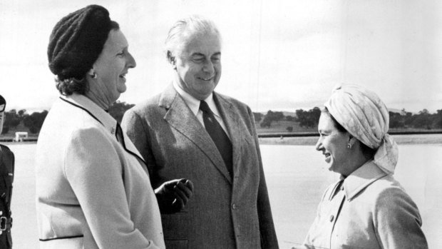 Princess Margaret is greeted by prime minister Gough Whitlam and his wife on October 22, 1975. 