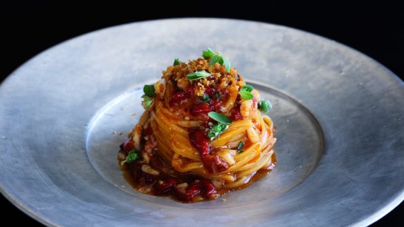 Tagliolini, roasted capsicum and scorpion fish at LuMi Dining, Sydney.