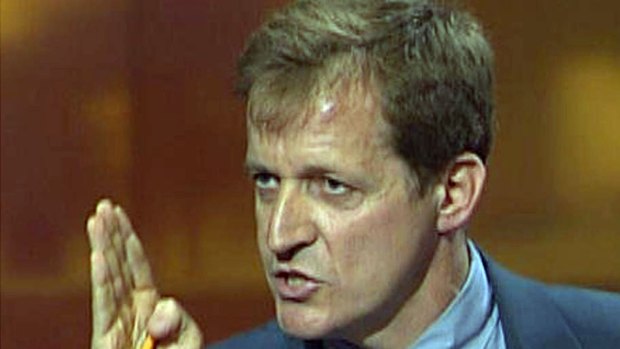 Alistair Campbell being interviewed on Britain's Channel 4 News over a dispute between the BBC and then prime minister Tony Blair over the government's use of intelligence information as it made the case for war in Iraq.