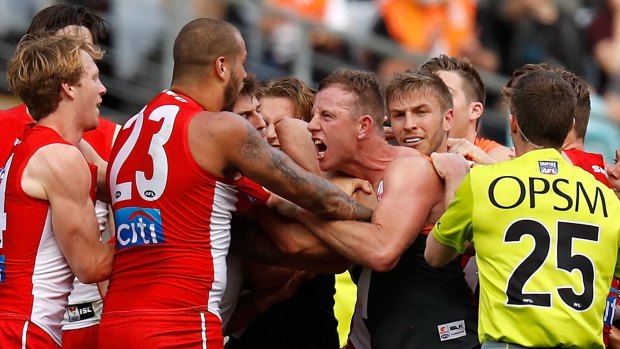 Flashpoint: Steve Johnson gets into a fight with Lance Franklin during last year's qualifying final.