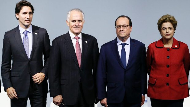 Heady days in Paris in late 2015: Malcolm Turnbull joins (from left), Canadian Prime Minister Justin Trudeau,  then French president Francois Hollande and Brazilian president Dilma Rousseff, as they attend the 'Mission Innovation: Accelerating the Clean Energy Revolution' meeting at the global climate summit.