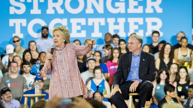 Hillary Clinton, presumptive 2016 Democratic presidential nominee, with Senator Tim Kaine in Annandale, Virginia on July 14.