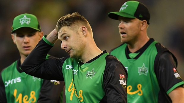 From left: Dejected stars Adam Zampa, Luke Wright and Michael Beer react to another loss.