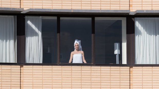 A returning Australian in hotel quarantine at Melbourne's Holiday Inn near Melbourne Airport.