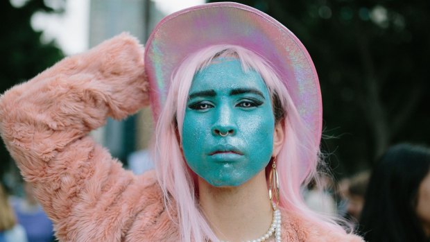 Performance artist Bhenji Ra joins street protests last May  opposing cuts to the Australia Council. 