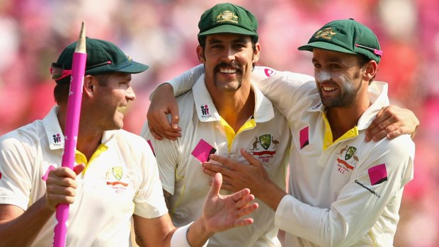 Brothers in arms: Good mates Mitchell Johnson and Nathan Lyon will square off at the WACA on Saturday night.