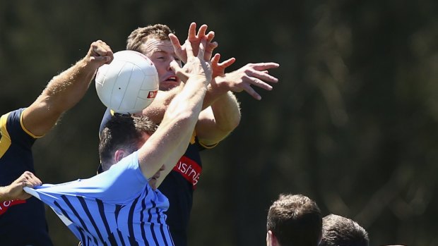 Steve Johnson in action during the international rules practice match between Australia and the NSW Gaelic Football team. 