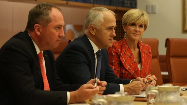 Prime Minister and Liberal leader Malcolm Turnbull with Nationals leader and Deputy Prime Minister Barnaby Joyce and deputy Liberal leader Julie Bishop.