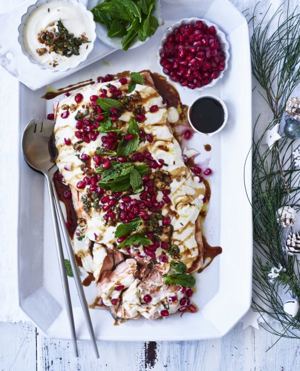 This salmon topped with tahini sauce, walnuts, mint and pomegranate is great warm or cold.