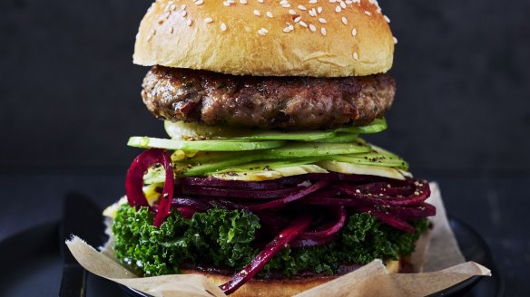 Pork burger with smoky apple BBQ sauce and kale slaw.