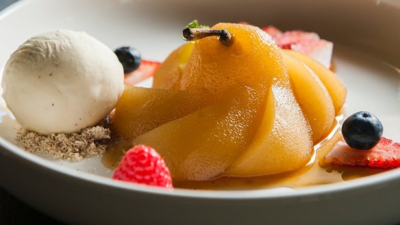 Saffron-poached pear with cardamom ice-cream.