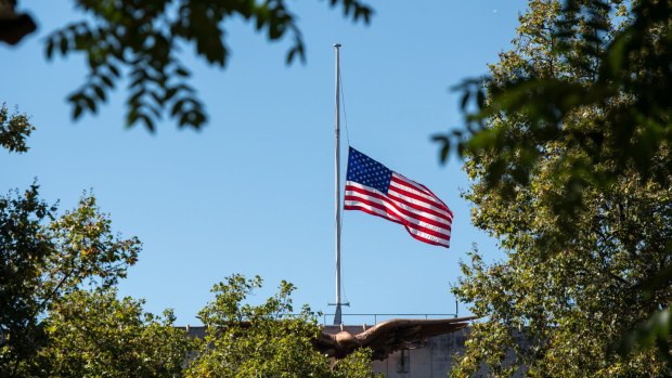 The anniversary of September 11 was marked around the world. Here, an American flag flies at half-mast outside the American Embassy in London.
