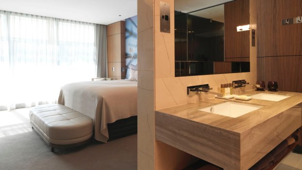 Like so many modern hotels, the bathroom is not a 'room' in itself, but rather is integrated into the overall space.