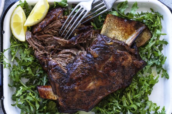 Serve the lamb with its slow-cooked onions (top left) and rosemary vinaigrette (bottom right).