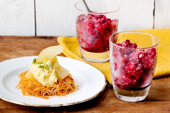 Pastry nests with poached pears, feta and saffron cream (left) and pomegranate and rose granita.