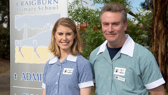 One Girl CEO Morgan Koegel with Craigburn Primary School principal Paul Luke on Wear A Dress Day. 