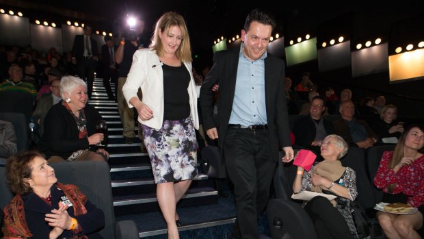 Nick Xenophon celebrates with Rebekha Sharkie, who will be NXT's first lower house MP.