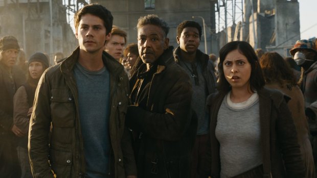 Dylan O'Brien, Thomas Brodie-Sangster, Giancarlo Esposito, Dexter Darden and Rosa Salazar in <i>Maze Runner: The Death Cure</i>.