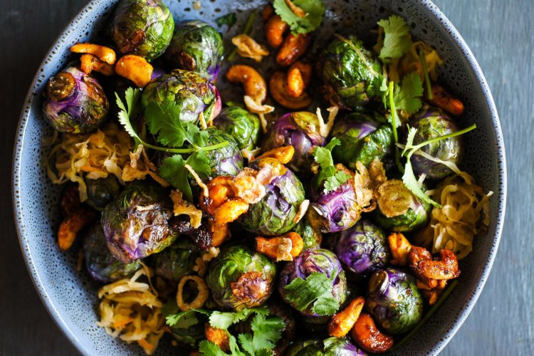 Roasted sweet and spicy Brussels sprouts.