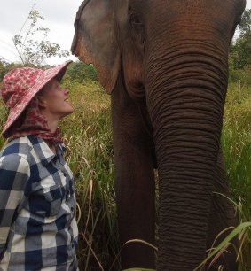 BEES founder Emily McWilliams with an elephant from the sanctuary.