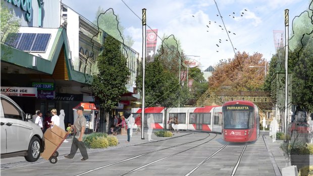 An artist's impression of a proposed light rail service through Parramatta. 