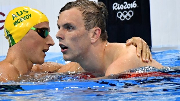 Cameron McEvoy congratulates Kyle Chalmers after he won Rio gold.