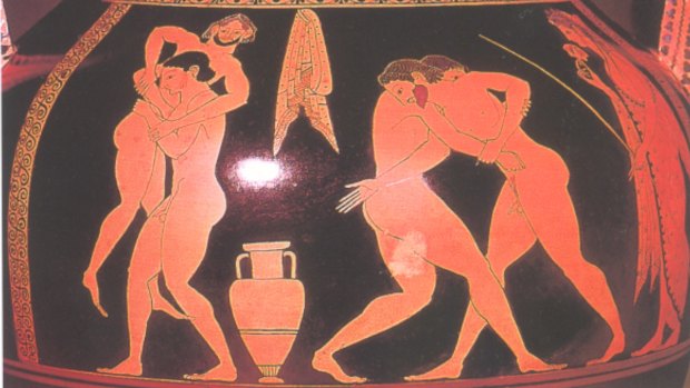 For ancient Greeks, same sex relationships were neither uncommon, nor frowned upon. Greek wrestling schools, as depicted on this vase, apparently were the gay bath houses of their time. 
