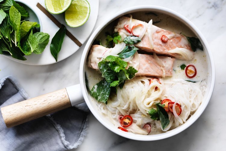 Salmon with coconut, glass noodles and herbs 