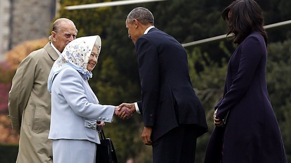 US President Barack Obama and his wife, First Lady Michelle Obama, are greeted by Queen Elizabeth II and Prince Phillip at Windsor Castle.