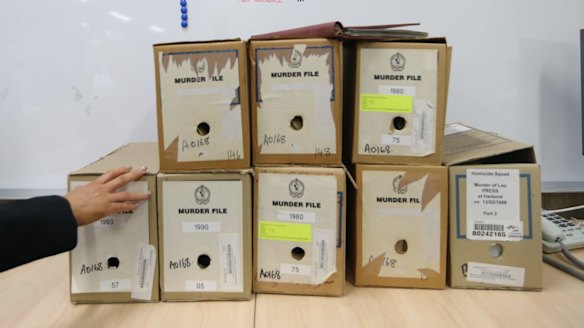 Murder files in the office of Surry Hills police station. It is the first time the cases have been reviewed for bias and to figure whether they are gay-hate related. 