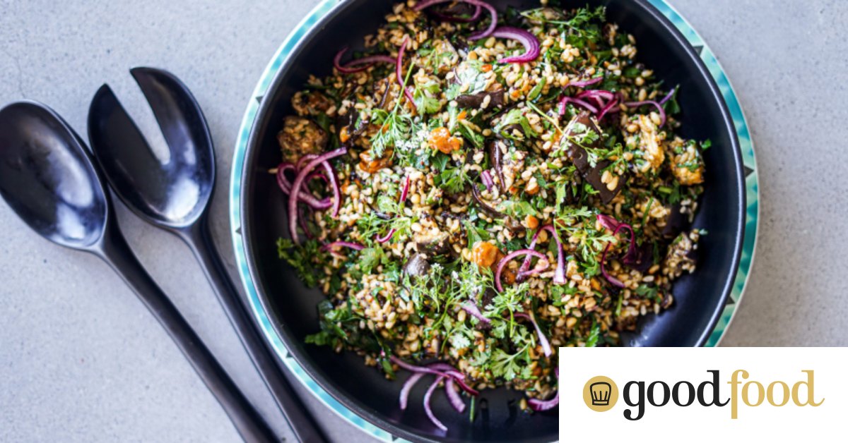 Eggplant, brown rice and quinoa salad with quick pickled onion and a