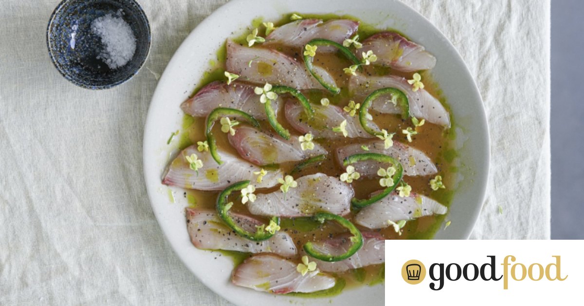 Kingfish crudo with gingercitrus dressing and quick coriander oil