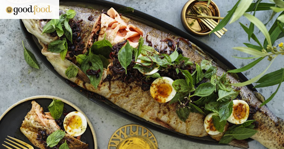 Paper-wrapped roasted ocean trout with black bean and ginger vinaigrette