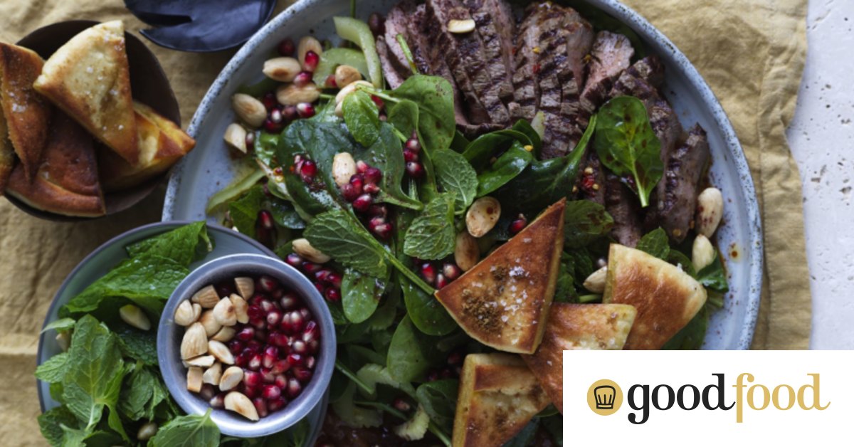 Lamb, spinach and date salad with crisp pita