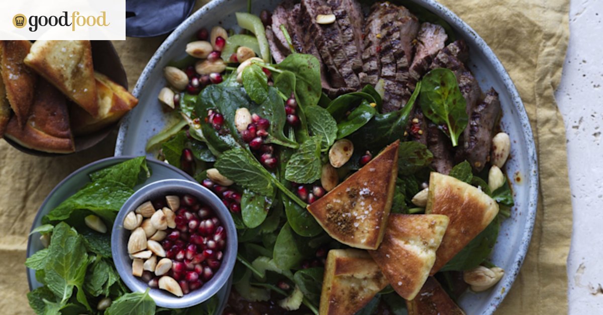 Lamb, spinach and date salad with crisp pita